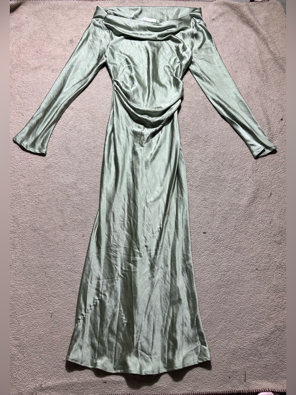 Selfie Leslie Dress Womens Small Loveland Cowl Back Midi Sage Satin Side Zip NEW